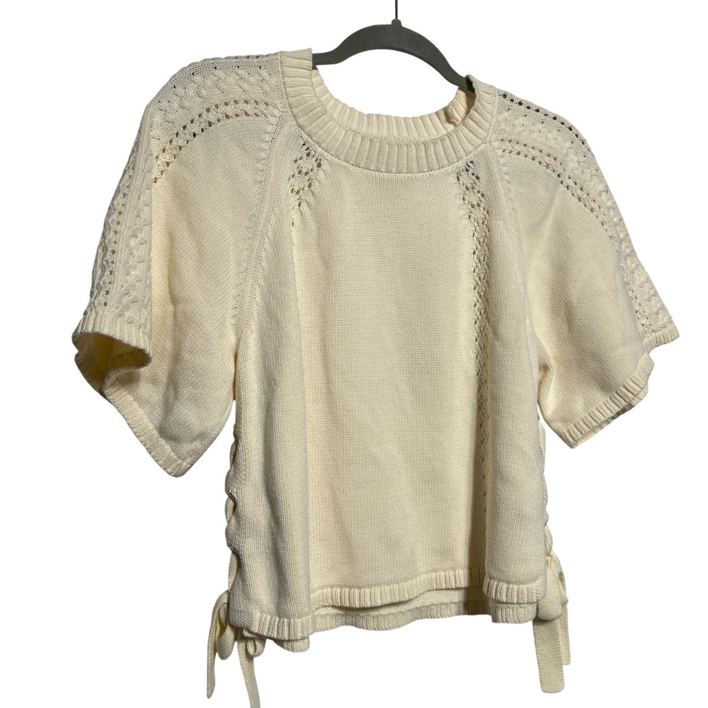 Habitual Side Tie Crew Neck Short Sleeve Sweater Cream Sz Medium Retail: $89 EUC